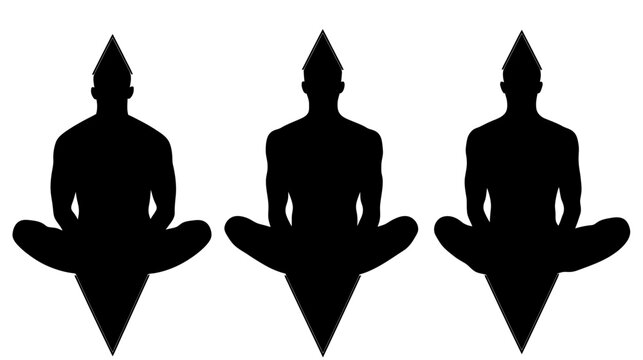 Three black silhouettes of figures in seated yoga pose with cone shaped hats and attached triangles