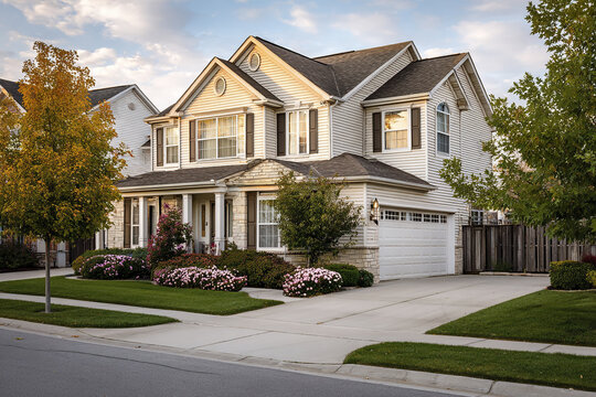 Suburban house exterior with clean architecture, well maintained lawn, blooming flowers, and two car garage under partly cloudy sky in peaceful neighborhood