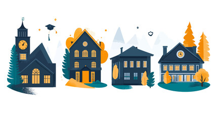Fototapeta premium A cartoon illustration of four buildings with clock towers, trees, and other decorative elements