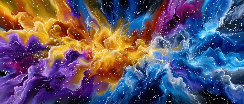 Explosive Palette: A captivating abstract illustration of vibrant hues blending and swirling, creating a visual symphony of color and texture, reminiscent of nebulae or cosmic formations.