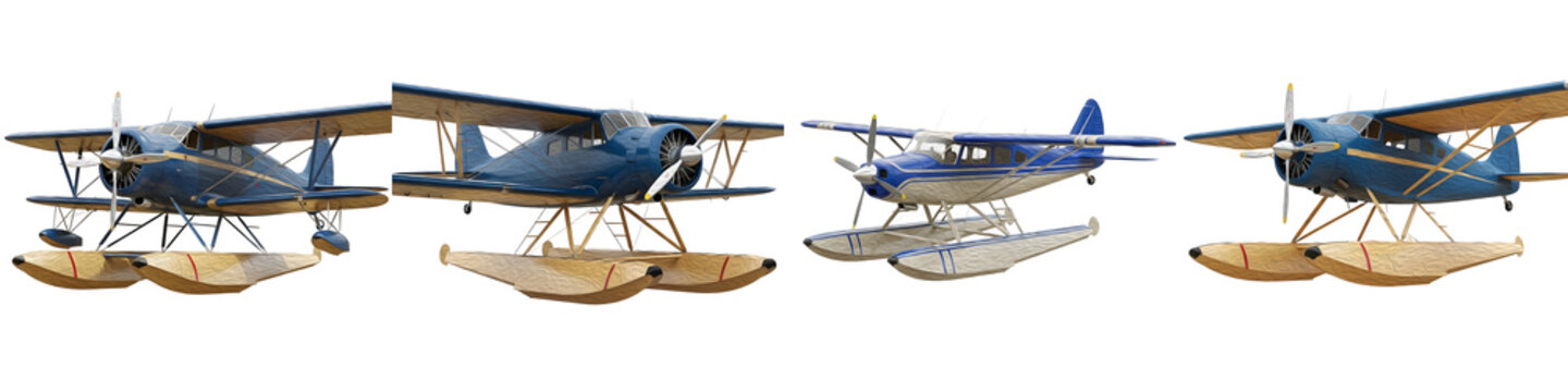 Set of Four Classic Blue Seaplanes with Floats Isolated on White Background. Realistic 3D Illustration of Vintage Propeller Aircraft for Travel and Aviation Design.