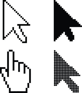 Pixel art computer cursor collection with arrow styles and hand pointer icon for digital interfaces.