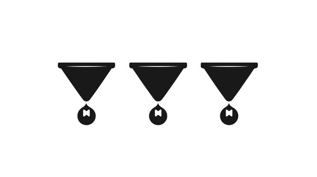 Three stylized, symmetrical black coffee brewing funnels with single droplets, on a white background