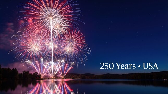 Red white and blue fireworks over lake for 250th anniversary semiquincentennial