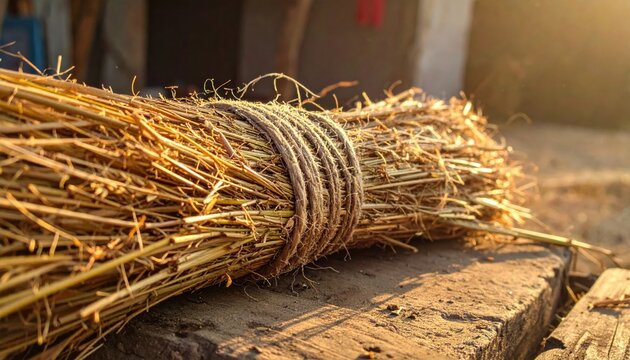 A bound bundle of dried grass tied with coarse fiber rests on a weathered surface in warm sunlight