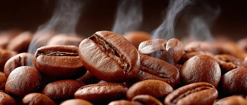 Aromatic Coffee Beans: A close-up shot captures the rich textures and enticing aroma of freshly roasted coffee beans. Steam gently rises, creating a sensory experience of warmth and comfort.