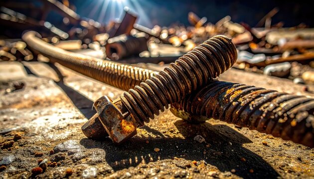 Close-up of a rusty, corroded metal bolt and screw lying on rough textured ground