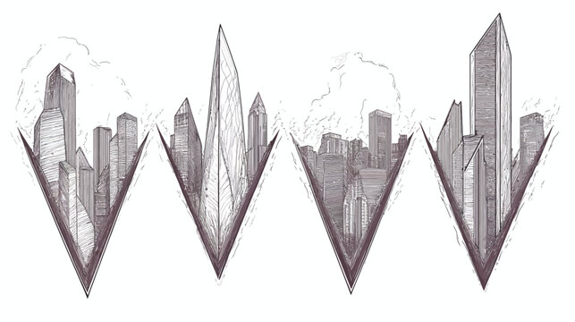 Architectural illustration of a cityscape. Divided into four sections, set within triangles. Grayscale