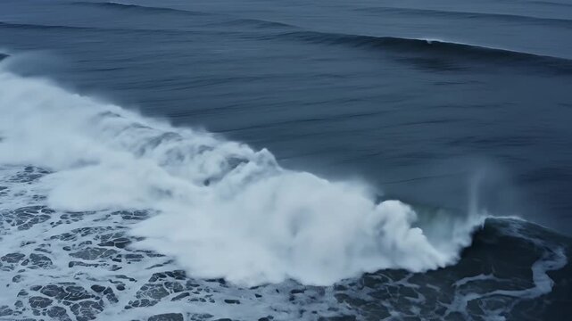 Powerful Ocean Waves Crashing on the Shoreline with White Foam.