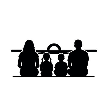 Family sitting together on bench outside.