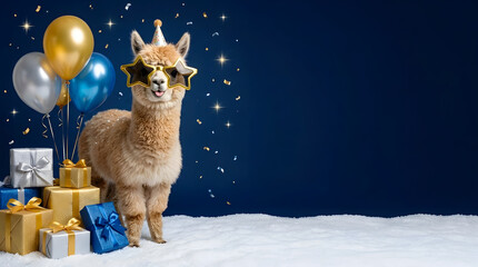 Fototapeta premium Funny Alpaca in Party Hat and Star Sunglasses with Birthday Gifts and Balloons with Copy Space on Blue Background