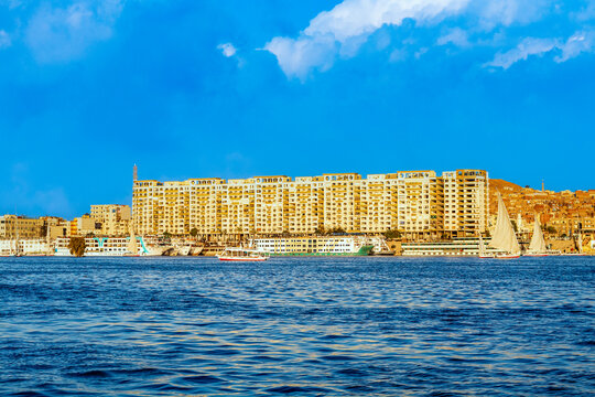 View of apartment block from the Nile, Aswan, Egypt