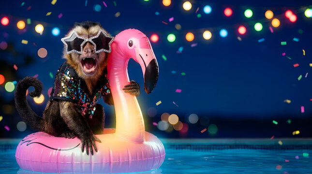 Funny monkey in star sunglasses and sequins shirt on pink flamingo float at pool party with copy space