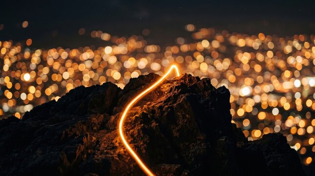 Fiery light trail traces a path across dark rocky summit against blurred cityscape bokeh lights at night representing achievement journey and exploration above urban sprawl during a vibrant