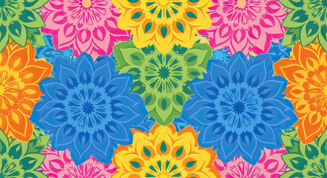 Vibrant, layered floral mandala patterns in bright, overlapping colors