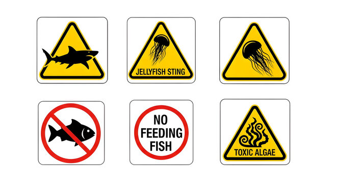 Marine Warning Signs Set About Dangerous Sea Creatures and Algae