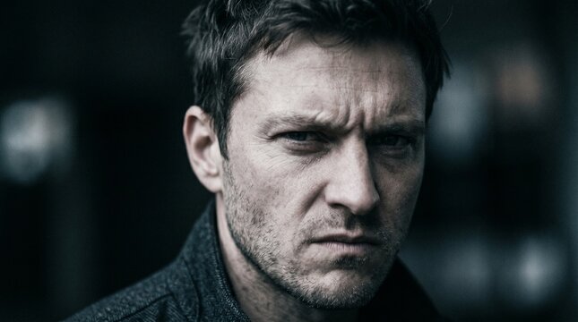 Close up of narrowed eyes with slight frown and tight jaw