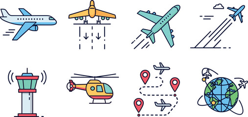 Air travel aviation flat icon set with airplane helicopter route tower and global flight symbols collection © PJ DeSign