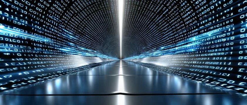 Digital data stream: An immersive image of a digital data stream tunnel, with binary code forming walls that extend into the horizon.