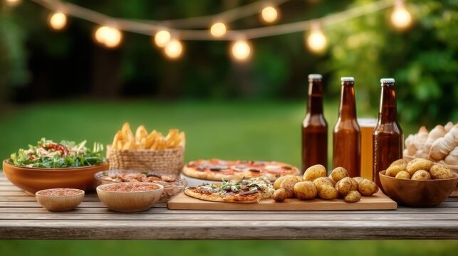 Outdoor Backyard Gathering with Delicious Food and Drinks Under Fairy Lights for a Perfect Summer Evening Setup