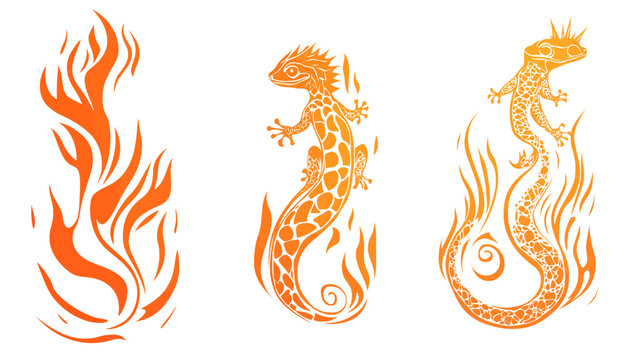 Artistic depiction of stylized fiery salamanders, with flame elements on a white background