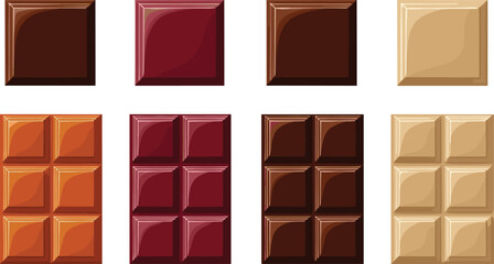 Fototapeta premium Chocolate Bar Vector Set with Dark, Milk, White, and Flavored Chocolate Pieces in Square Blocks for Packaging, Confectionery Branding, and Sweet Food Designs
