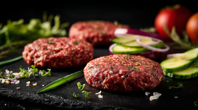 Raw meat patties with fresh vegetables on slate