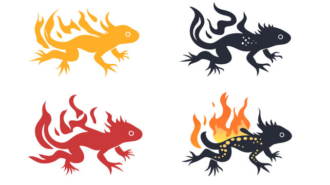 Four stylized illustrations of salamanders with fire elements, in various colors and designs