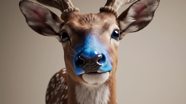 Close-up portrait of a majestic deer with vibrant blue markings on its face