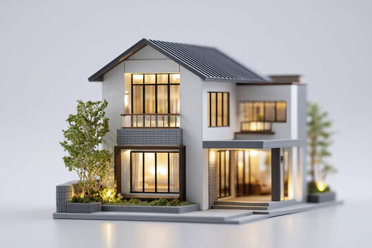 Modern architectural house model with illuminated windows and surrounding greenery, showcasing stylish two story residential design with pitched roof and large glass panels