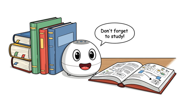 Cute robot reminding to study with stack of books and open textbook