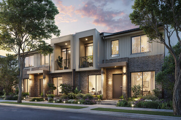 Fototapeta premium Newly built modern family homes with brick and siding exterior, warm evening lighting, balconies, and landscaped front yards under colorful sky at sunset