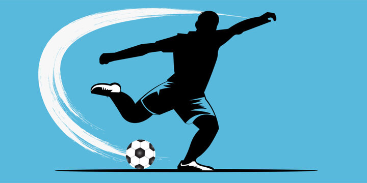 A soccer player in action kicking a ball with motion lines on a blue background vector illustration