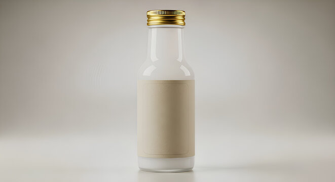 Small glass bottle with gold cap blank label and white liquid for beverage mockup