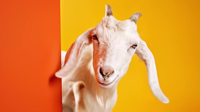 Curious white goat with small horns peeking playfully from behind a vibrant orange wall against a yellow background