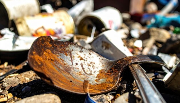 Rusted and deformed metal spoon showing signs of extensive wear and decay, discarded amongst debris.