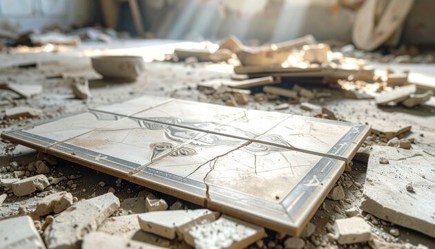 Cracked and faded decorative ceramic tile lying amidst debris on a sunlit floor