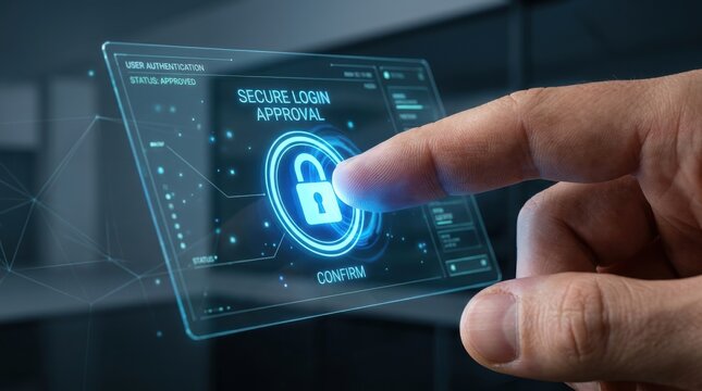 Finger pressing approve button on secure access approval screen. Digital identity verification concept.