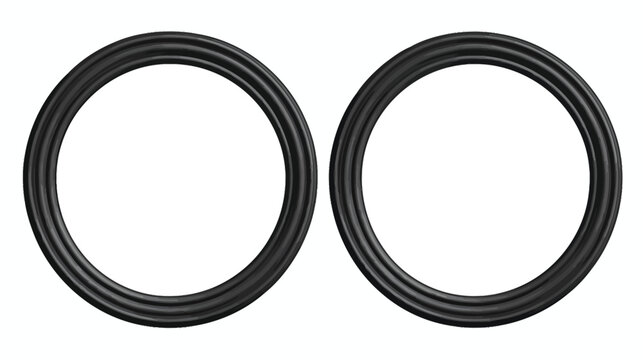 Two dark, textured, ring-shaped objects, with concentric details against a white background