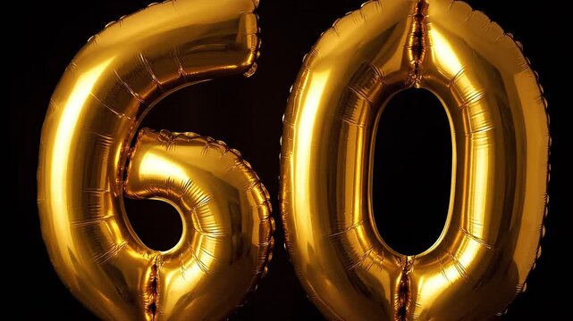 Golden balloons in the shape of the number sixty on a black background