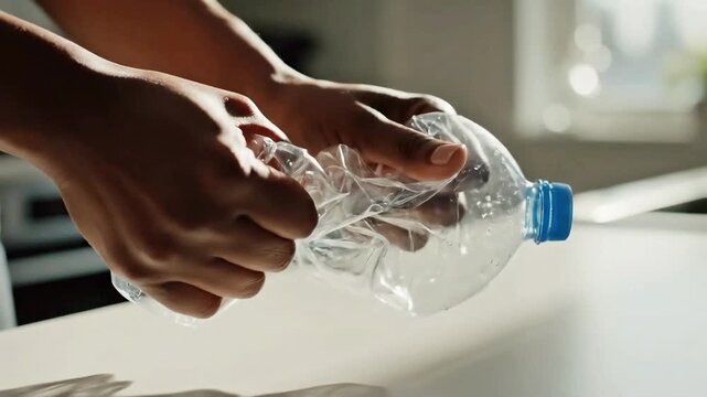 Close-up of hands crushing an empty plastic water bottle on a white table. This action promotes recycling, waste reduction, and environmental sustainability.