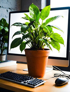 Pianta verde da interno su scrivania moderna con computer e ufficio in casa