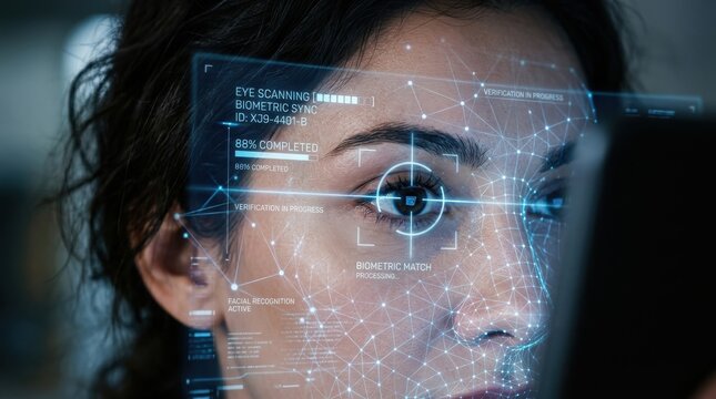 Eye scanning biometric sync with match loading interface. Digital identity verification concept.