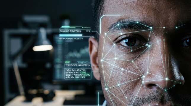 Male face with biometric verification in progress overlay. Digital identity verification concept.