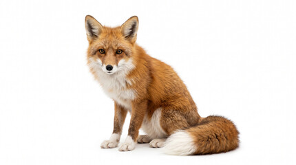 Obraz premium Sitting red fox with bushy tail on white background