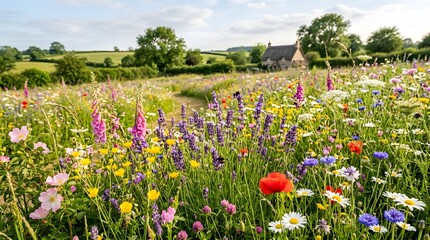 Obraz premium A vibrant field of wildflowers blooms in a lush green landscape with a house and trees in the background under a cloudy sky