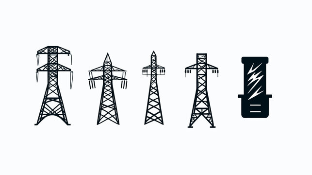 Silhouetted illustration showing different types of electrical transmission towers and energy conduit