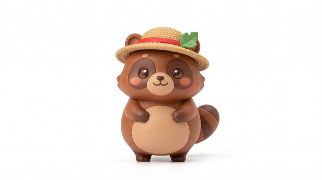 Cute cartoon raccoon wearing straw hat with leaf