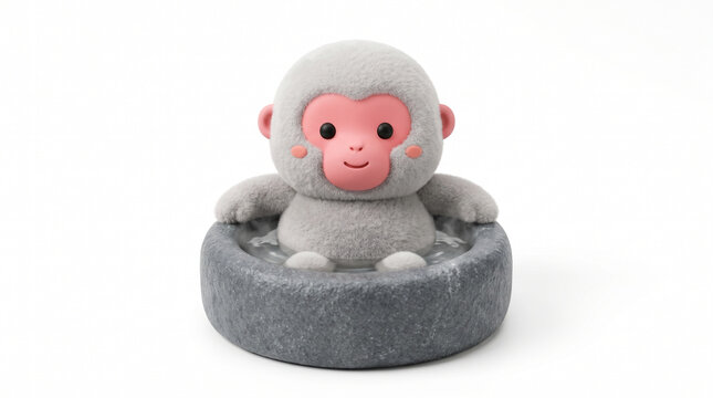 Cute plush monkey relaxing in stone bowl
