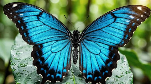 Vibrant Blue Morpho Butterfly with Intricate Wing Patterns on Wet Leaf Close Up